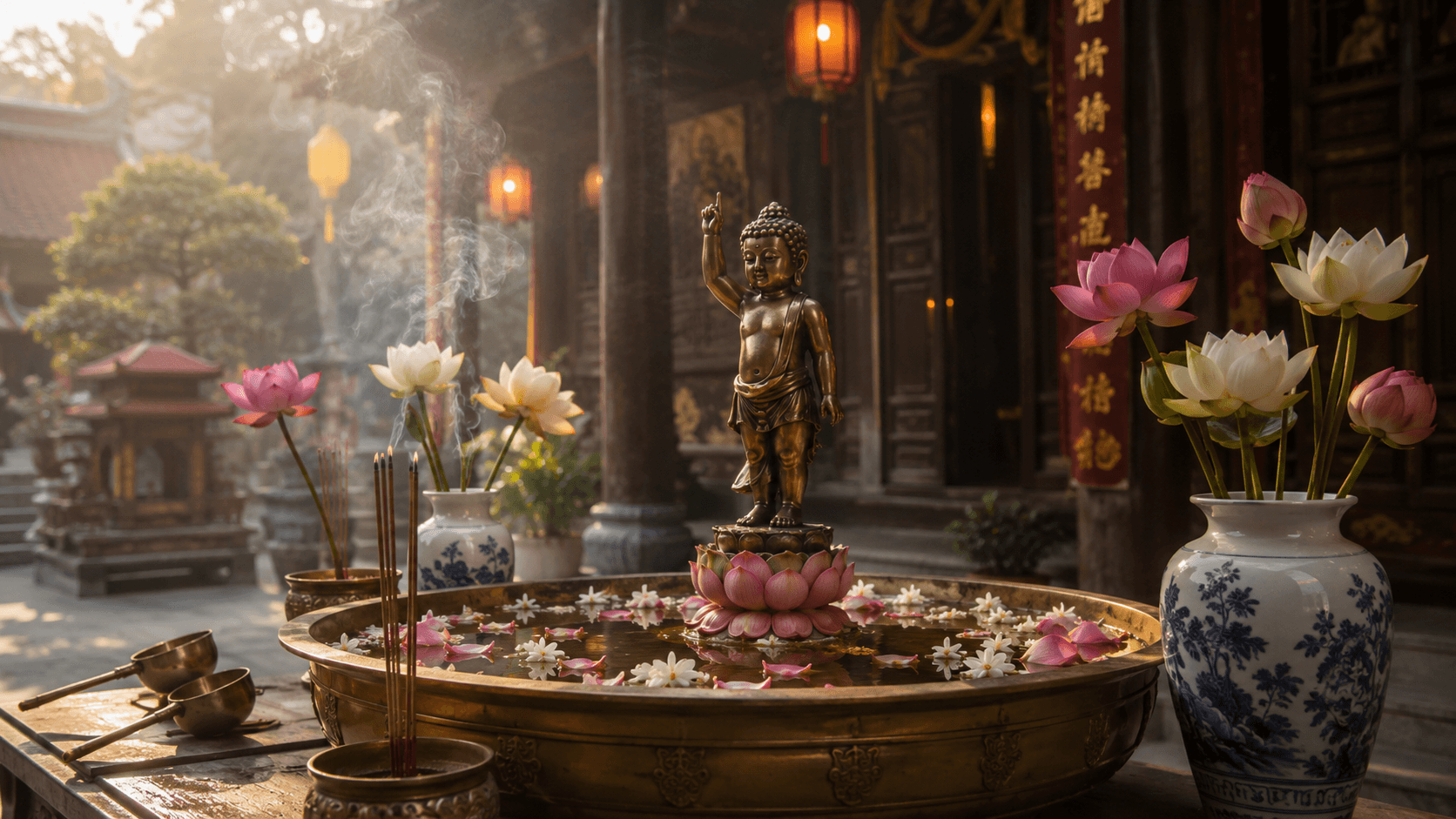 Bồn đồng tắm Phật với tượng Phật sơ sinh và hoa sen tại chùa