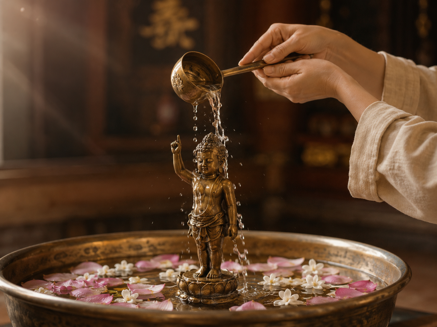 Bàn tay Phật tử cầm gáo đồng rưới nước thơm lên tượng Phật sơ sinh