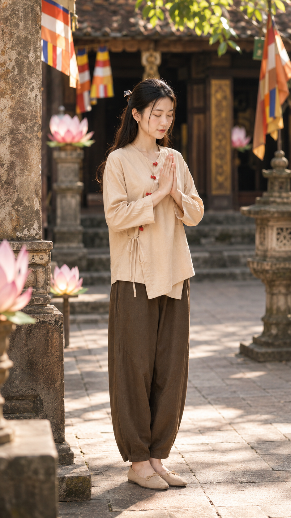 Outfit Vân Mộc Nâu Be khi đi qua cổng chùa cổ
