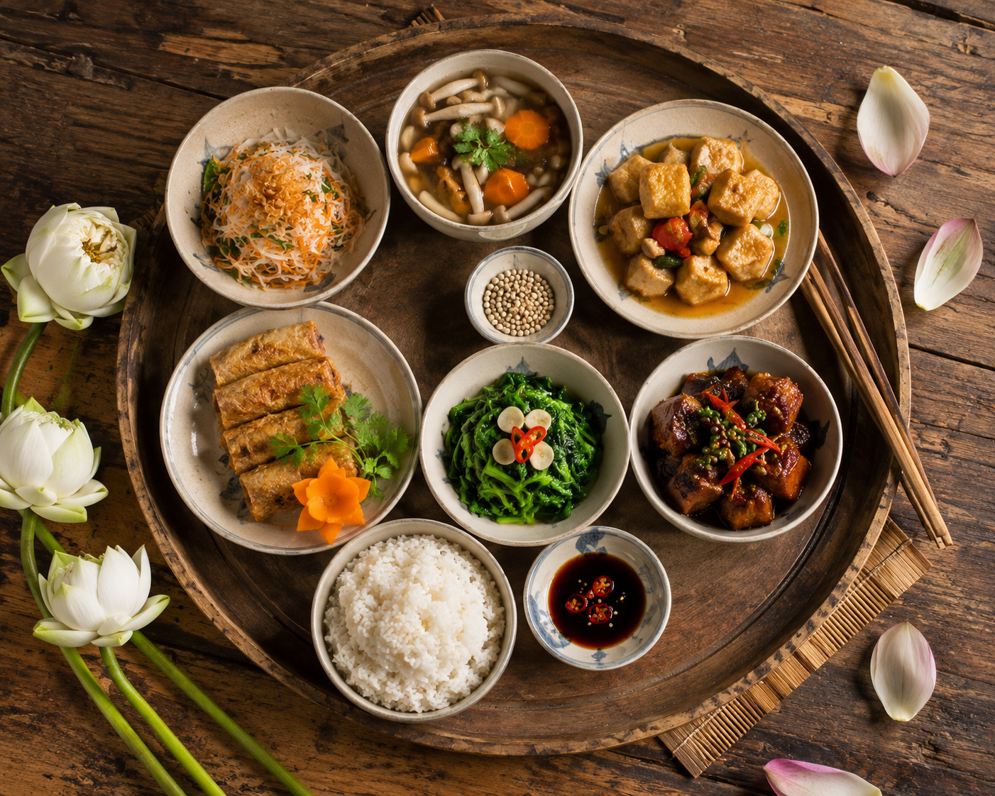 Mâm cúng chay Phật Đản với cơm trắng, đậu hũ, rau xanh, chả giò và hoa sen trắng